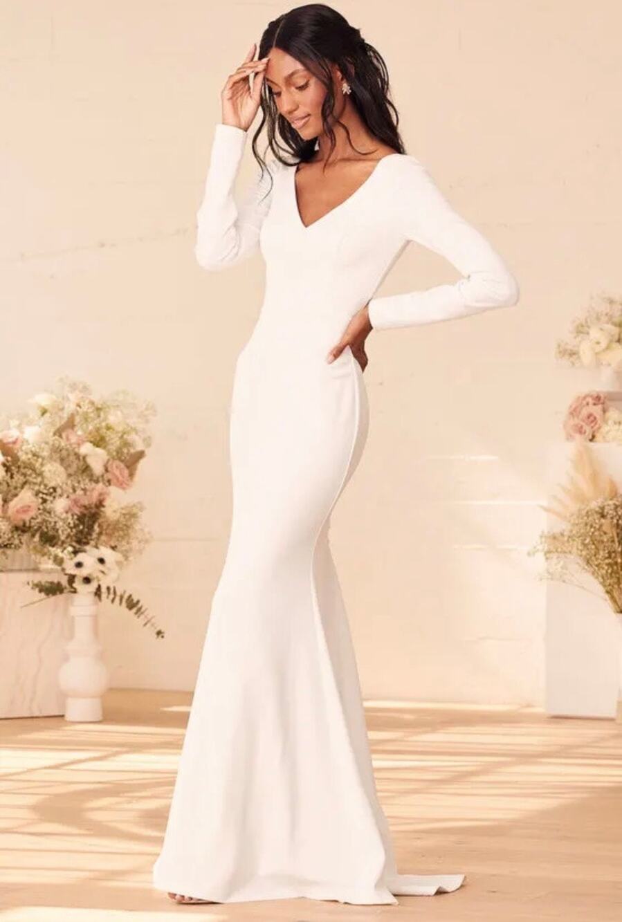 New Lulus Feeling of Forever White Long Sleeve Mermaid Maxi Dress MSRP $128